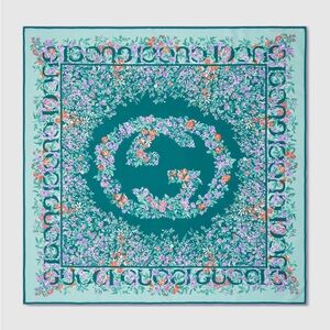 Gucci 2025 Teal and Pink Floral Silk Scarf